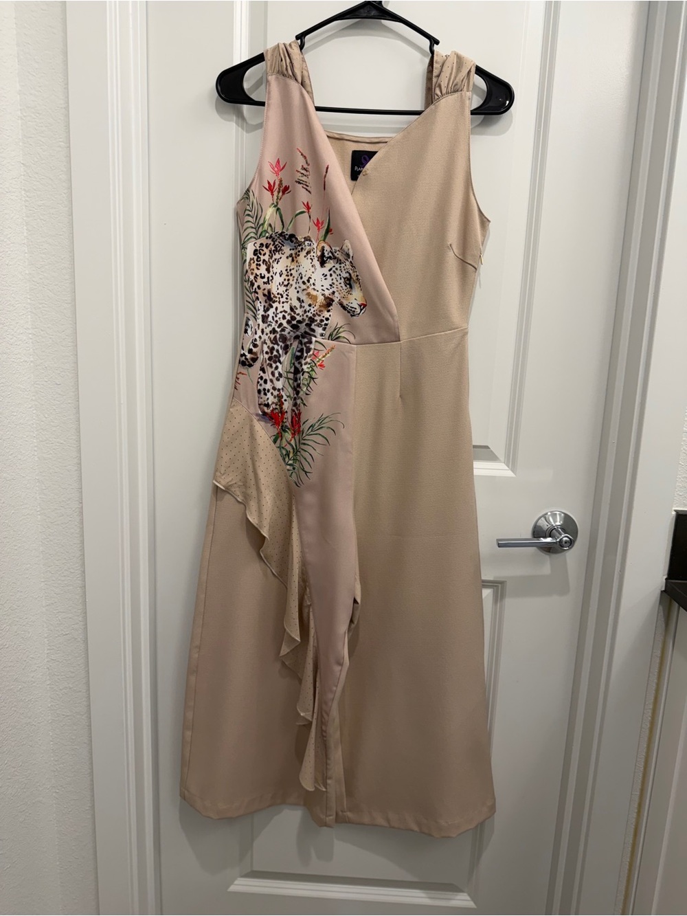 Beige Sleeveless Wrap-Front Jumpsuit with Leopard Print